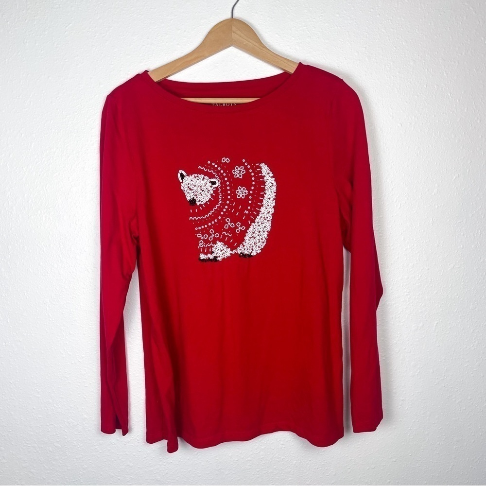 Talbots XLpetite beaded winter polar bear red 3/4 sleeve shirt